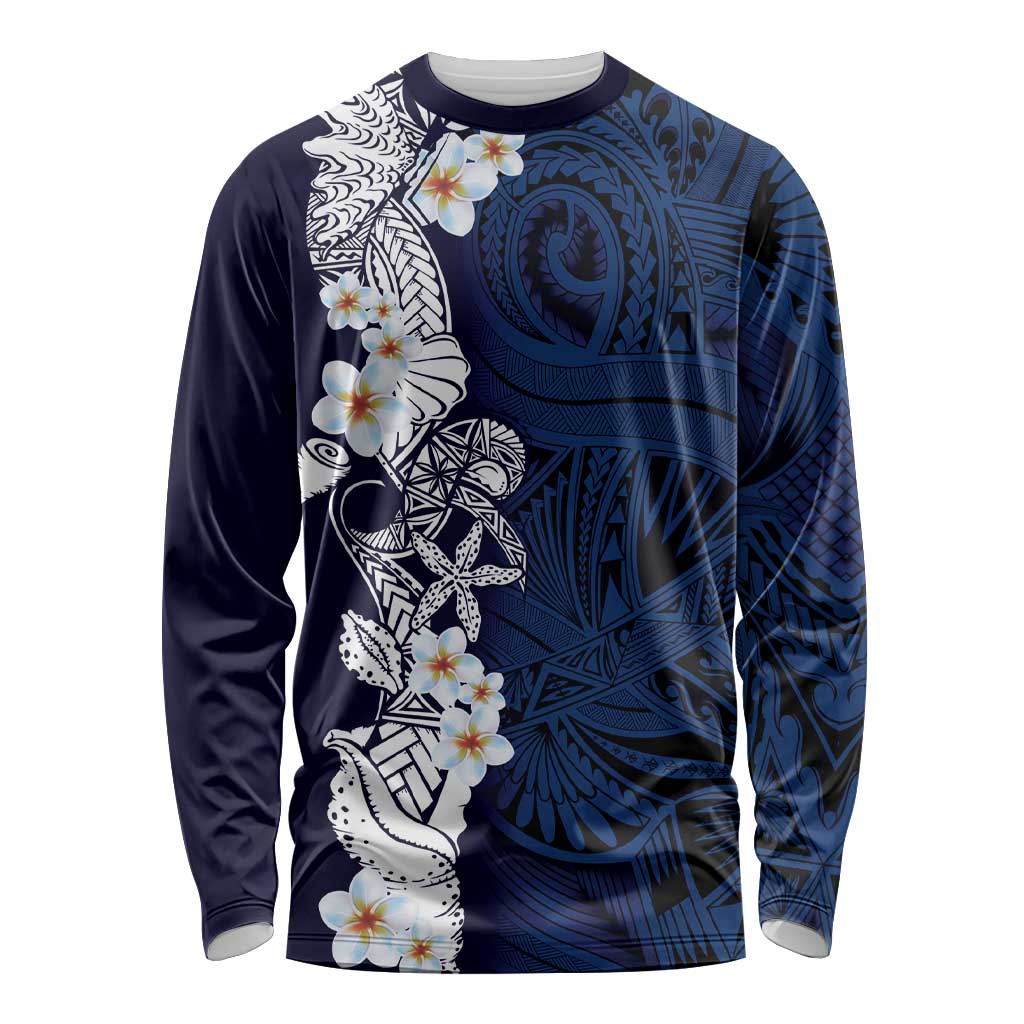 Blue Samoa Tattoo Long Sleeve Shirt Plumeria Samoan Ocean Tatau Pattern LT14 Unisex Blue - Polynesian Pride