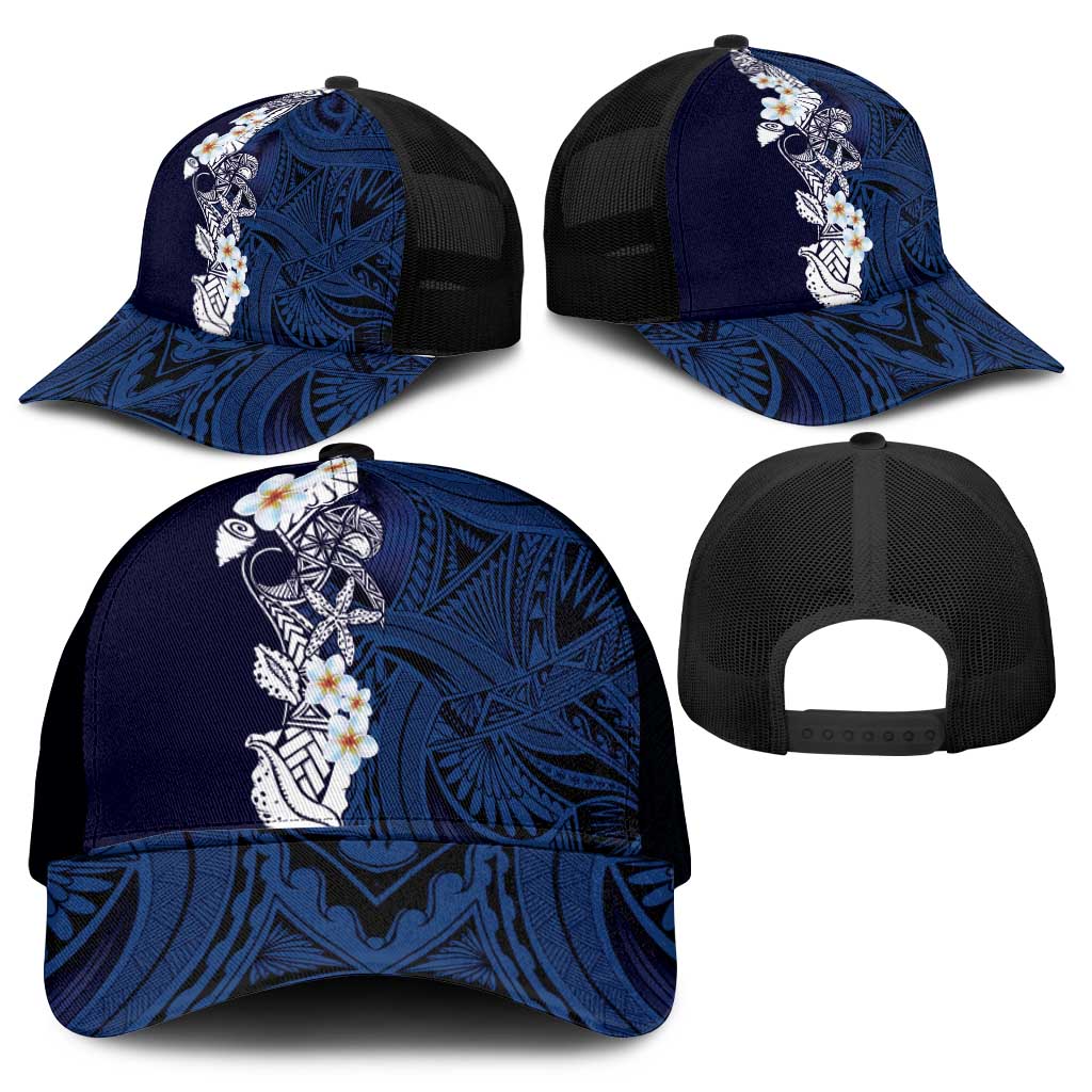 Blue Samoa Tattoo Mesh Trucker Cap Plumeria Samoan Ocean Tatau Pattern - Polynesian Pride