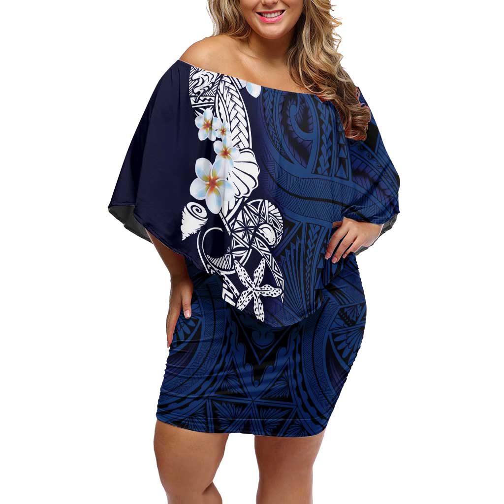Blue Samoa Tattoo Off Shoulder Short Dress Plumeria Samoan Ocean Tatau Pattern - Polynesian Pride