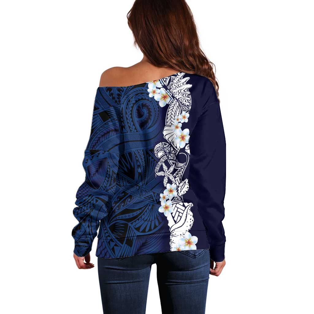 Blue Samoa Tattoo Off Shoulder Sweater Plumeria Samoan Ocean Tatau Pattern - Polynesian Pride