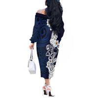 Blue Samoa Tattoo Off The Shoulder Long Sleeve Dress Plumeria Samoan Ocean Tatau Pattern - Polynesian Pride