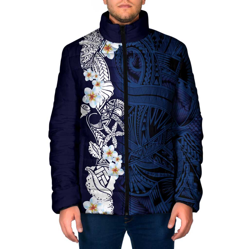 Blue Samoa Tattoo Padded Jacket Plumeria Samoan Ocean Tatau Pattern LT14 Men Blue - Polynesian Pride