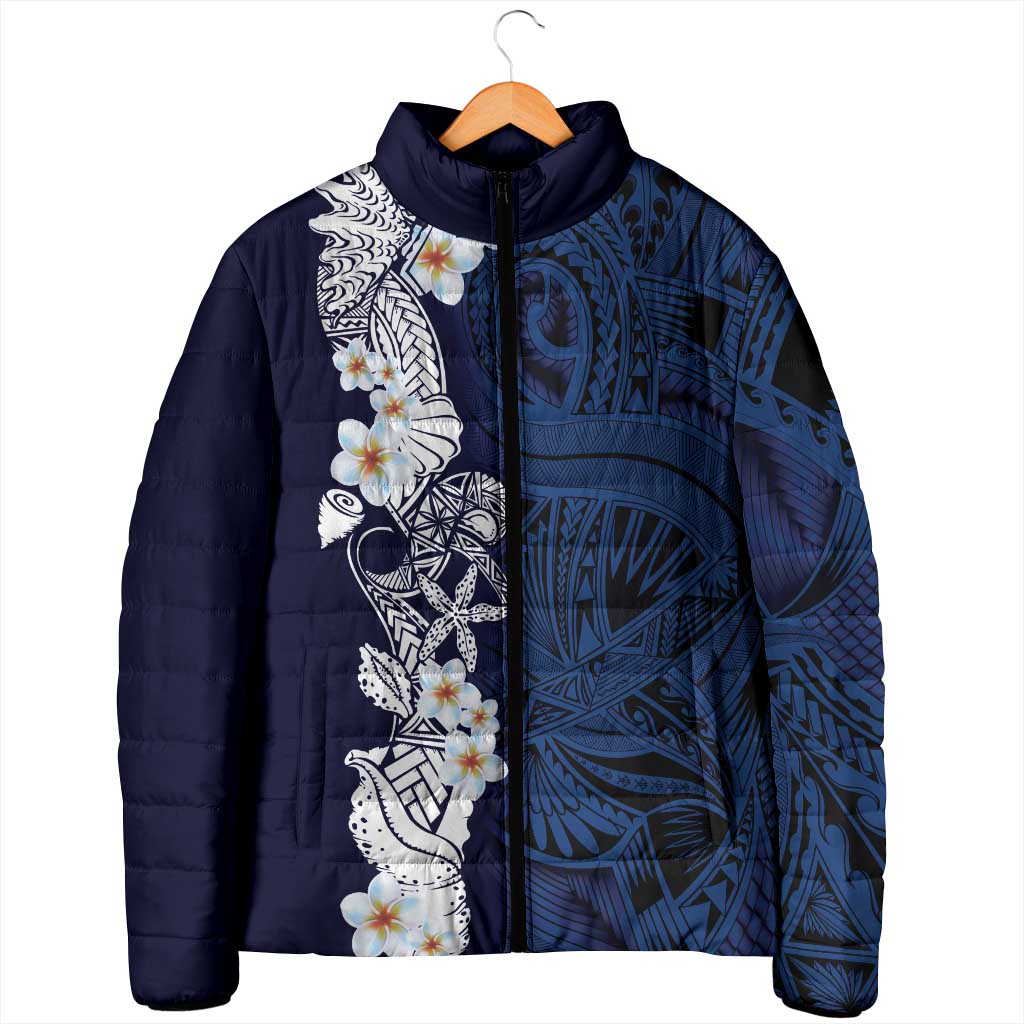 Blue Samoa Tattoo Padded Jacket Plumeria Samoan Ocean Tatau Pattern LT14 - Polynesian Pride