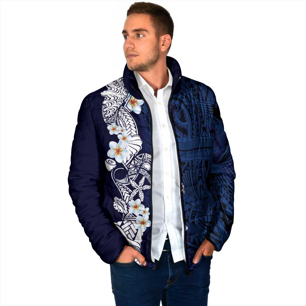 Blue Samoa Tattoo Padded Jacket Plumeria Samoan Ocean Tatau Pattern LT14 - Polynesian Pride