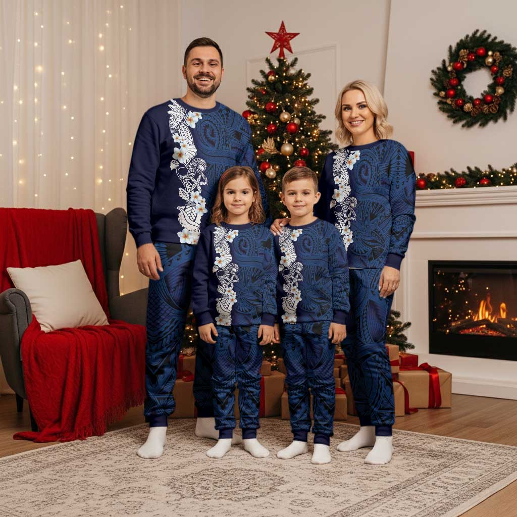 Blue Samoa Tattoo Christmas Pajama Set Plumeria Samoan Ocean Tatau Pattern - Polynesian Pride
