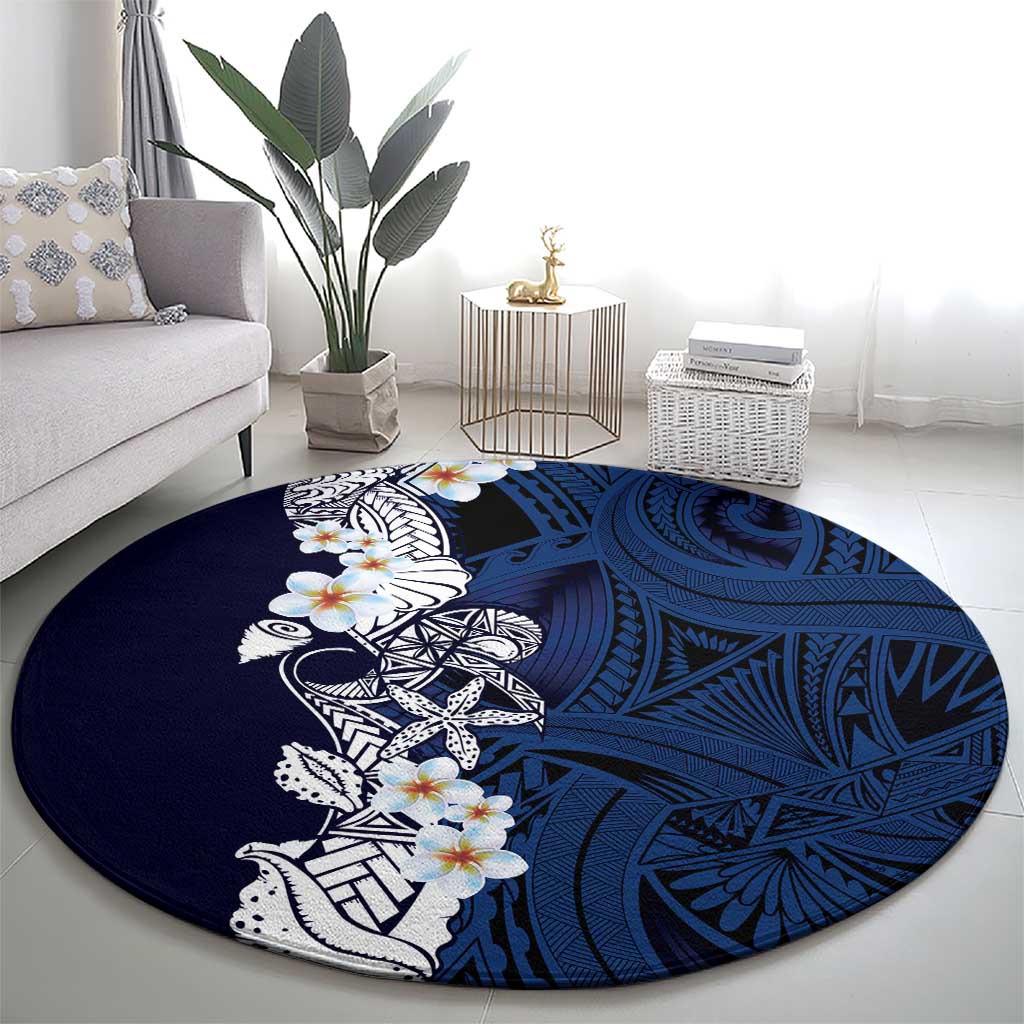 Blue Samoa Tattoo Round Carpet Plumeria Samoan Ocean Tatau Pattern - Polynesian Pride