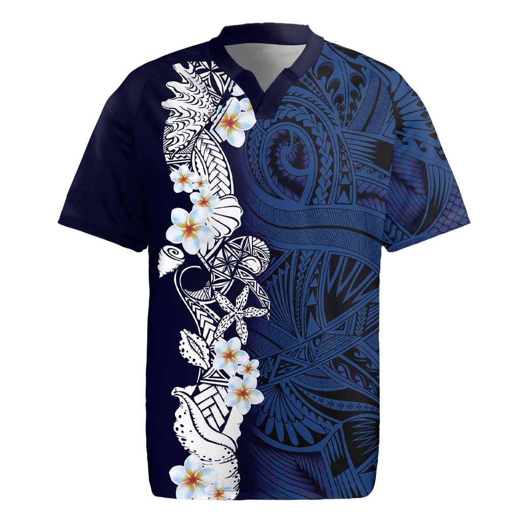 Blue Samoa Tattoo Rugby Jersey Plumeria Samoan Ocean Tatau Pattern - Polynesian Pride