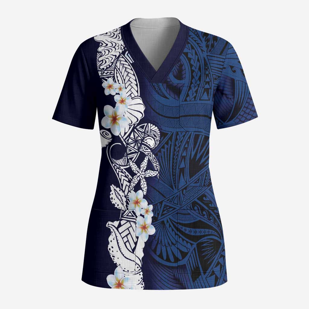 Blue Samoa Tattoo Scrub Top Plumeria Samoan Ocean Tatau Pattern LT14 Adult Blue - Polynesian Pride