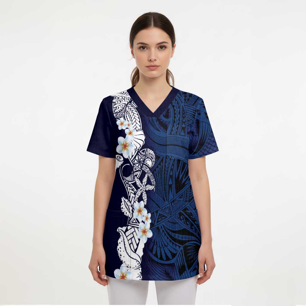 Blue Samoa Tattoo Scrub Top Plumeria Samoan Ocean Tatau Pattern LT14 - Polynesian Pride