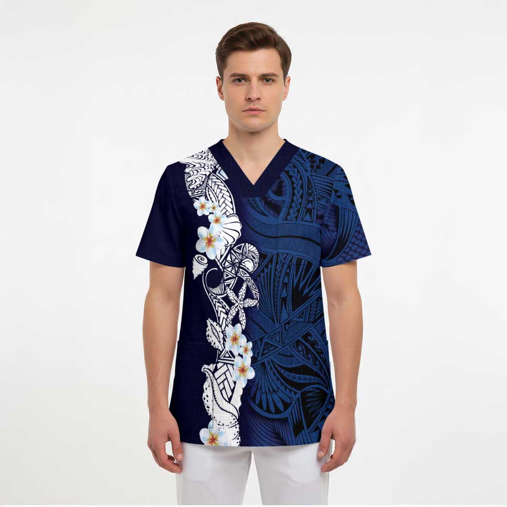 Blue Samoa Tattoo Scrub Top Plumeria Samoan Ocean Tatau Pattern LT14 - Polynesian Pride