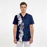 Blue Samoa Tattoo Scrub Top Plumeria Samoan Ocean Tatau Pattern LT14 - Polynesian Pride