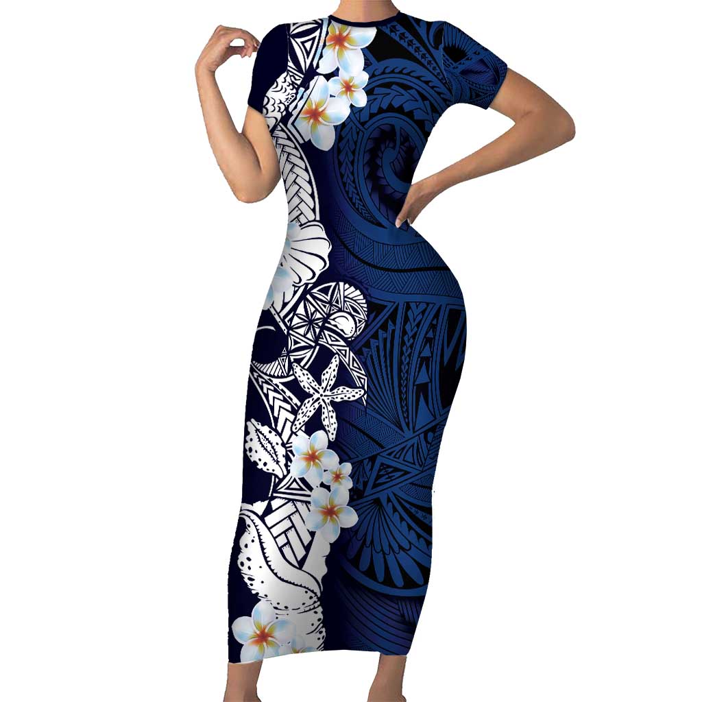 Blue Samoa Tattoo Short Sleeve Bodycon Dress Plumeria Samoan Ocean Tatau Pattern - Polynesian Pride