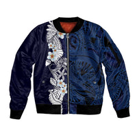 Blue Samoa Tattoo Sleeve Zip Bomber Jacket Plumeria Samoan Ocean Tatau Pattern LT14 Unisex Blue - Polynesian Pride