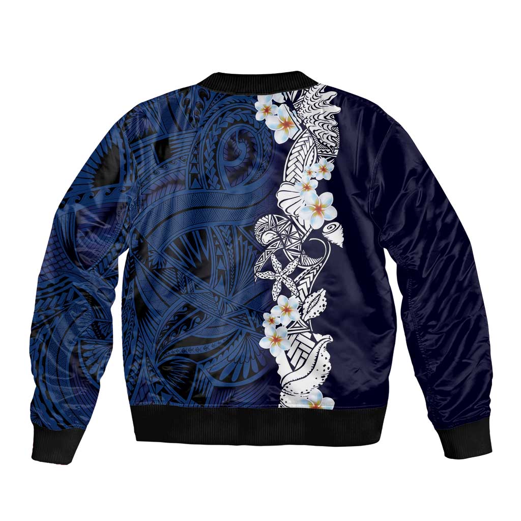 Blue Samoa Tattoo Sleeve Zip Bomber Jacket Plumeria Samoan Ocean Tatau Pattern LT14 - Polynesian Pride