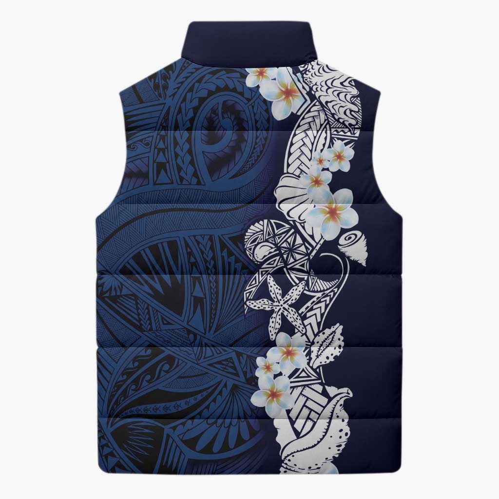 Blue Samoa Tattoo Sleeveless Puffer Jacket Plumeria Samoan Ocean Tatau Pattern LT14 - Polynesian Pride