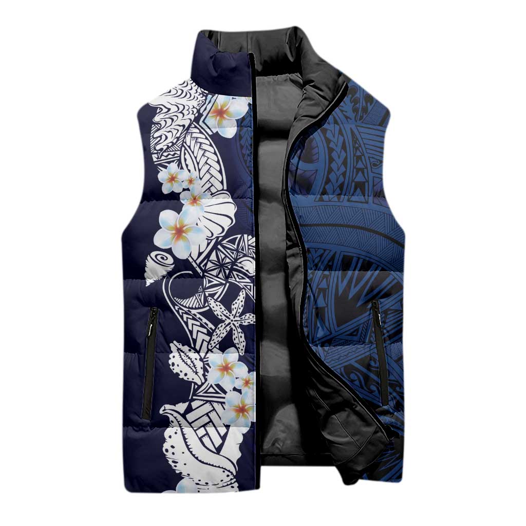 Blue Samoa Tattoo Sleeveless Puffer Jacket Plumeria Samoan Ocean Tatau Pattern LT14 - Polynesian Pride