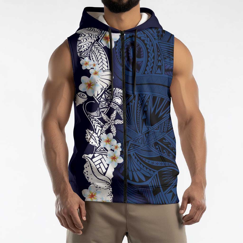 Blue Samoa Tattoo Sleeveless Zip Hoodie Plumeria Samoan Ocean Tatau Pattern LT14 - Polynesian Pride