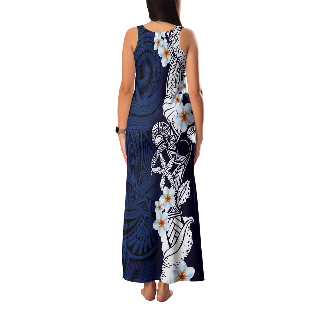 Blue Samoa Tattoo Tank Maxi Dress Plumeria Samoan Ocean Tatau Pattern - Polynesian Pride