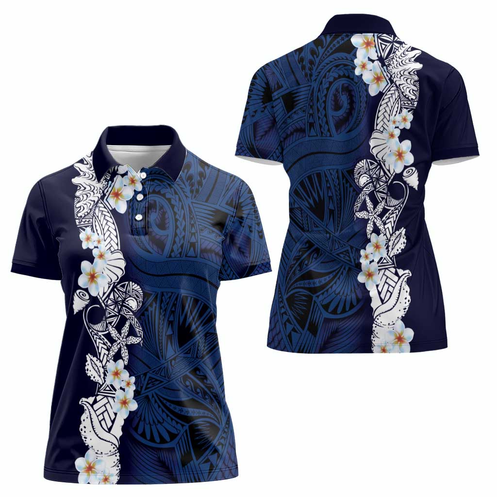 Blue Samoa Tattoo Women Polo Shirt Plumeria Samoan Ocean Tatau Pattern - Polynesian Pride