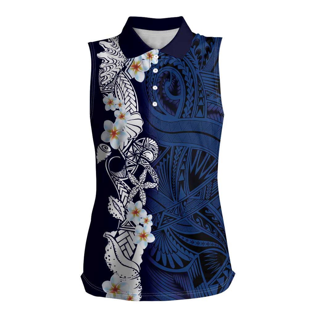 Blue Samoa Tattoo Women Sleeveless Polo Shirt Plumeria Samoan Ocean Tatau Pattern LT14 Female Blue - Polynesian Pride