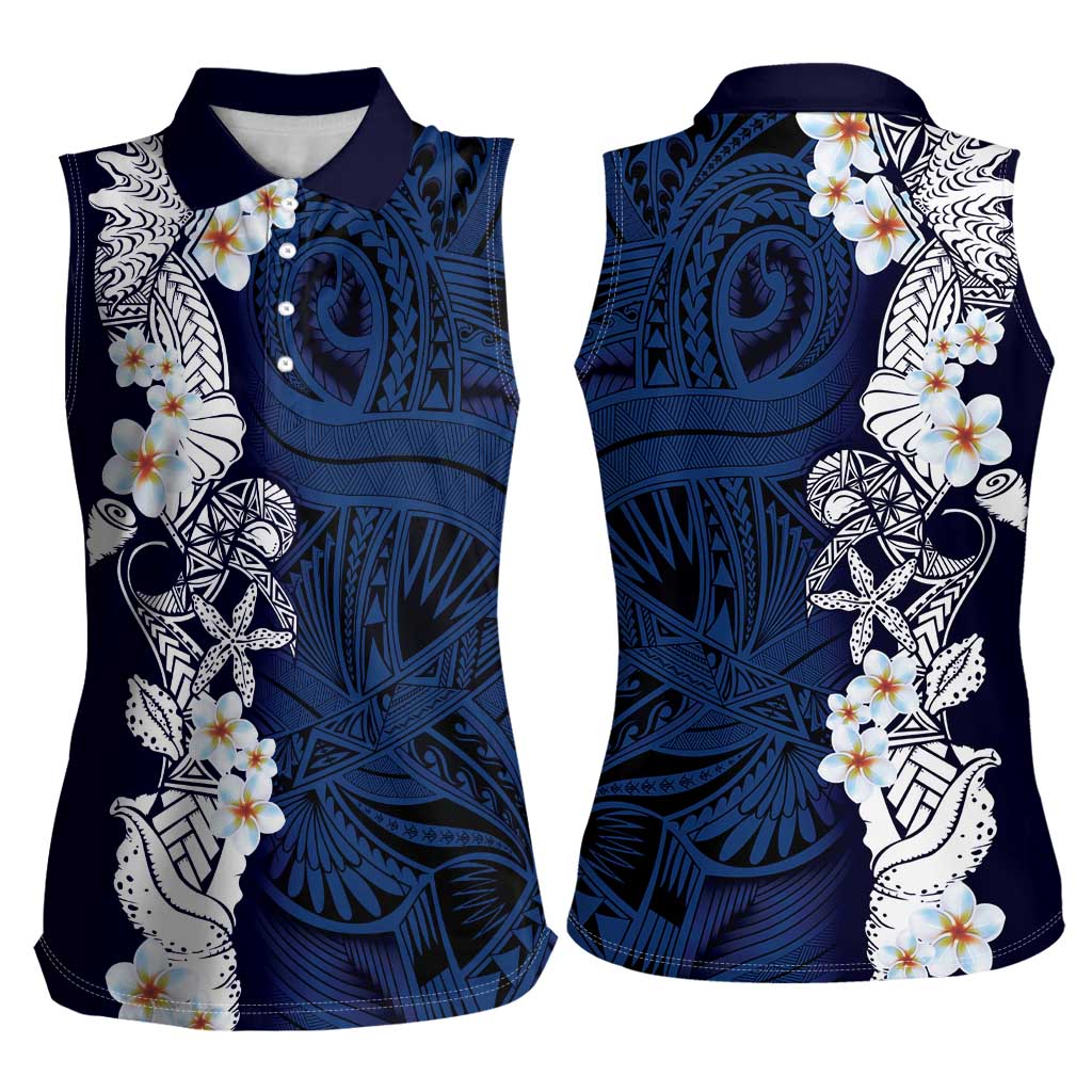 Blue Samoa Tattoo Women Sleeveless Polo Shirt Plumeria Samoan Ocean Tatau Pattern LT14 - Polynesian Pride