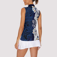 Blue Samoa Tattoo Women Sleeveless Polo Shirt Plumeria Samoan Ocean Tatau Pattern LT14 - Polynesian Pride