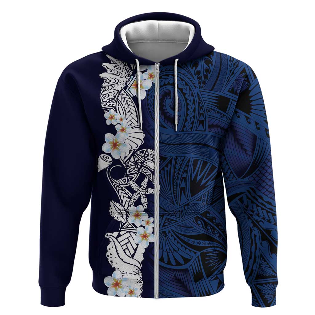 Blue Samoa Tattoo Zip Hoodie Plumeria Samoan Ocean Tatau Pattern LT14 Zip Hoodie Blue - Polynesian Pride