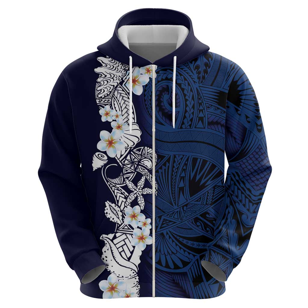 Blue Samoa Tattoo Zip Hoodie Plumeria Samoan Ocean Tatau Pattern LT14 - Polynesian Pride