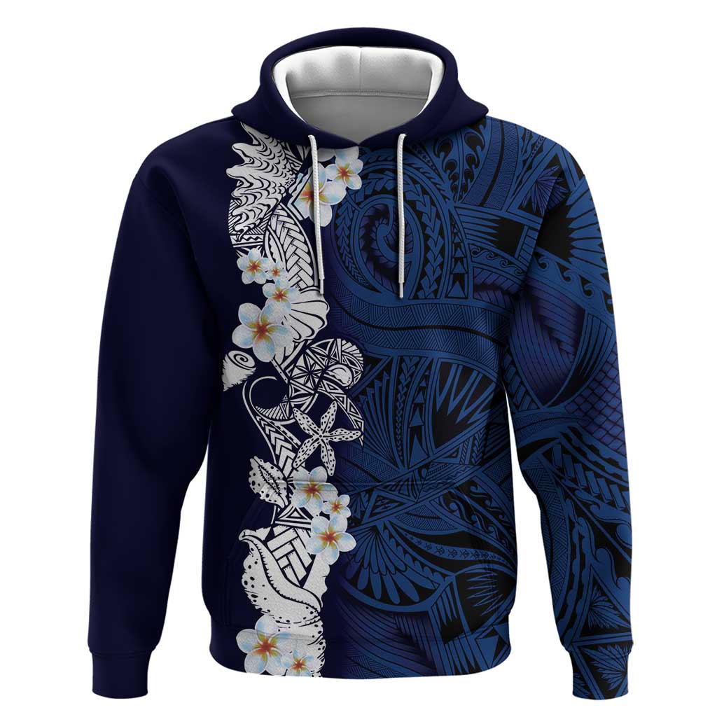 Blue Samoa Tattoo Zip Hoodie Plumeria Samoan Ocean Tatau Pattern LT14 Pullover Hoodie Blue - Polynesian Pride