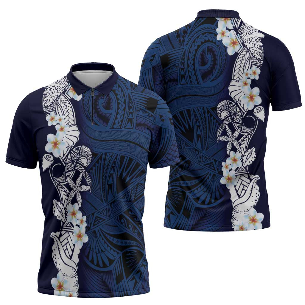 Blue Samoa Tattoo Zipper Polo Shirt Plumeria Samoan Ocean Tatau Pattern LT14 - Polynesian Pride