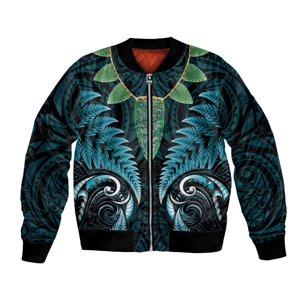 Aotearoa Pounamu Niho Bomber Jacket Silver Fern Mix Maori Pattern - Turquoise LT14 Unisex Turquoise - Polynesian Pride
