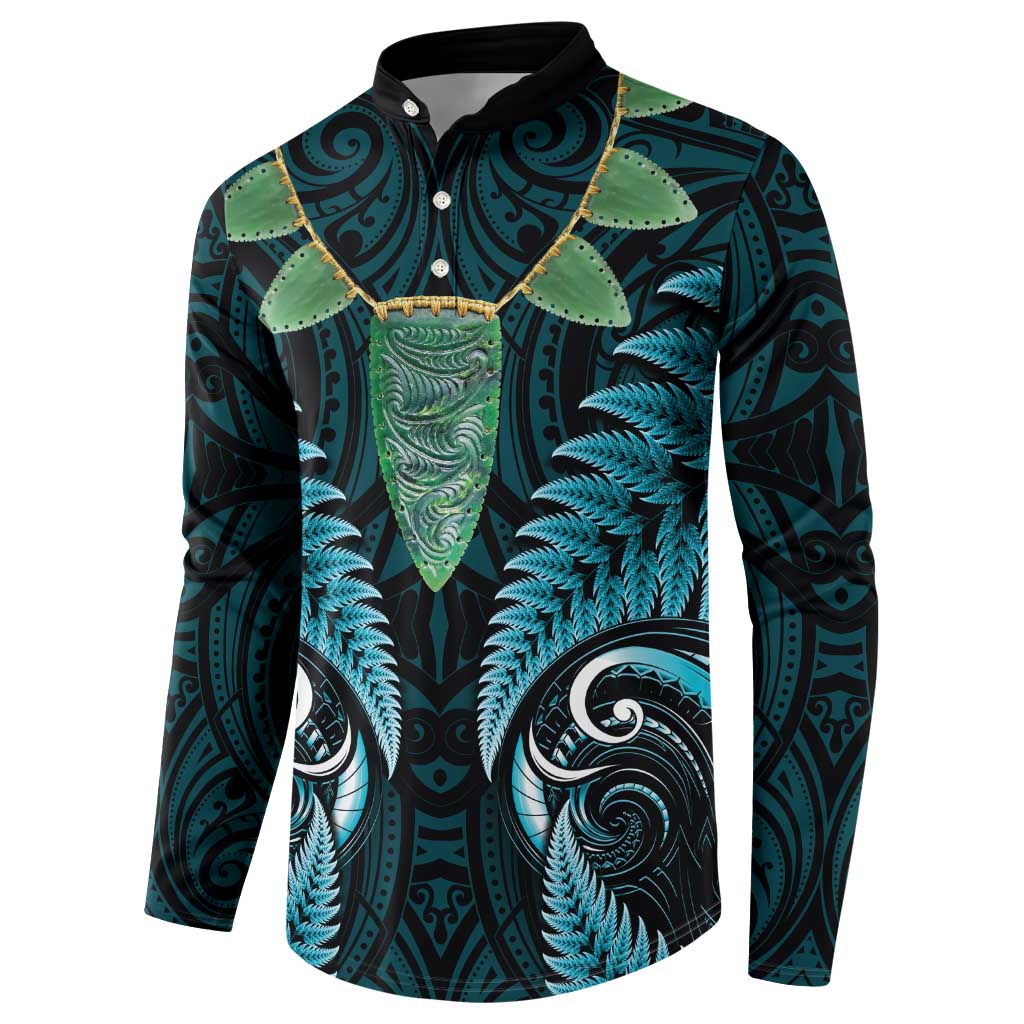 Aotearoa Pounamu Niho Button Sweatshirt Silver Fern Mix Maori Pattern - Turquoise LT14 - Polynesian Pride