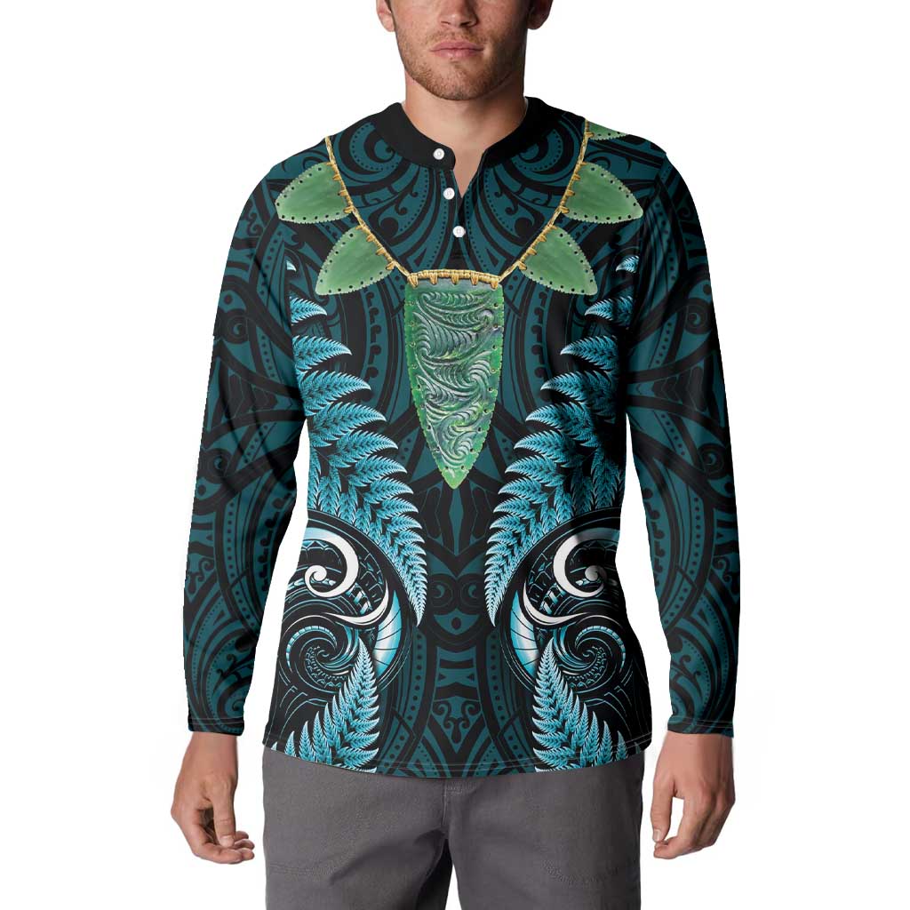 Aotearoa Pounamu Niho Button Sweatshirt Silver Fern Mix Maori Pattern - Turquoise LT14 - Polynesian Pride