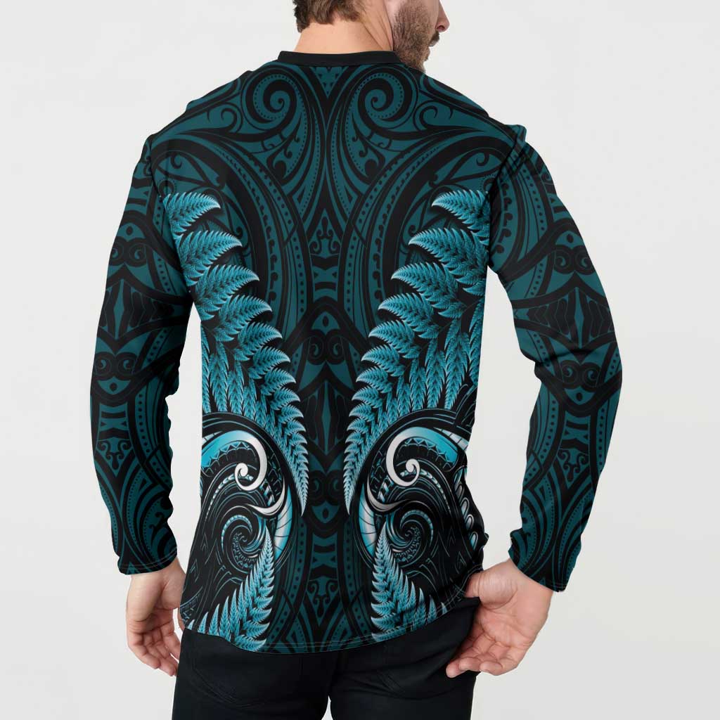 Aotearoa Pounamu Niho Button Sweatshirt Silver Fern Mix Maori Pattern - Turquoise LT14 - Polynesian Pride