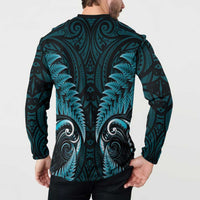 Aotearoa Pounamu Niho Button Sweatshirt Silver Fern Mix Maori Pattern - Turquoise LT14 - Polynesian Pride