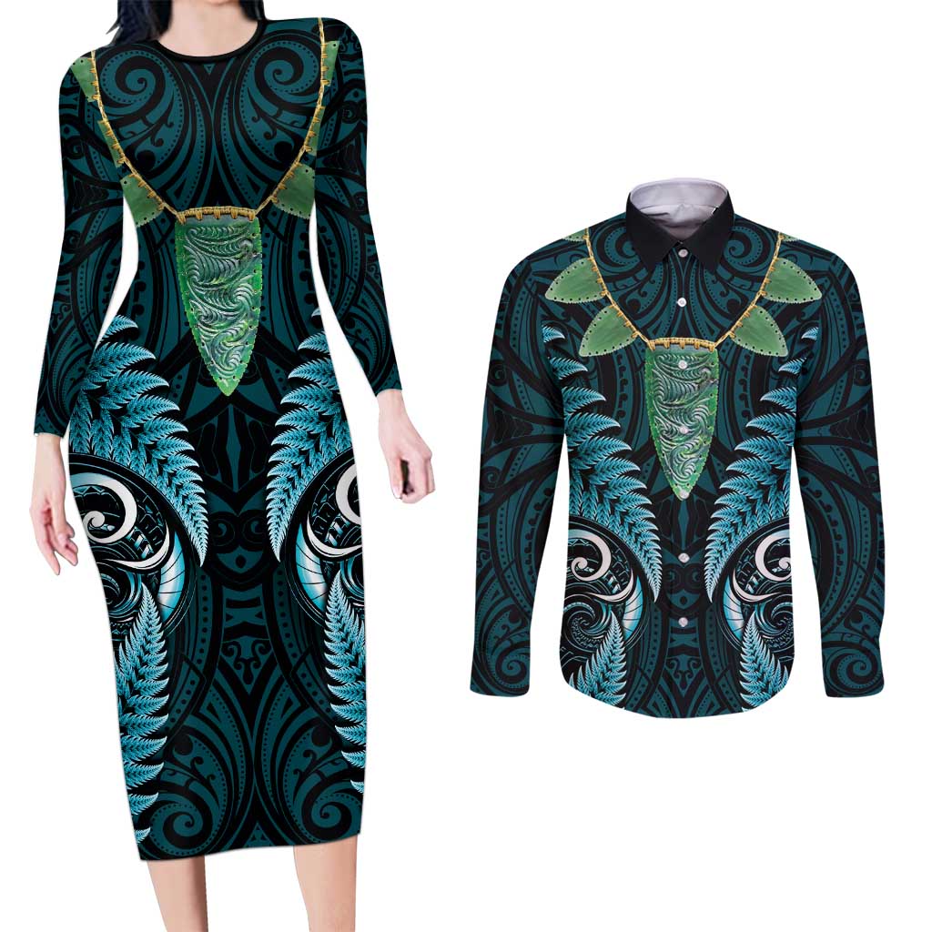 Aotearoa Pounamu Niho Couples Matching Long Sleeve Bodycon Dress and Long Sleeve Button Shirt Silver Fern Mix Maori Pattern - Turquoise LT14 Turquoise - Polynesian Pride