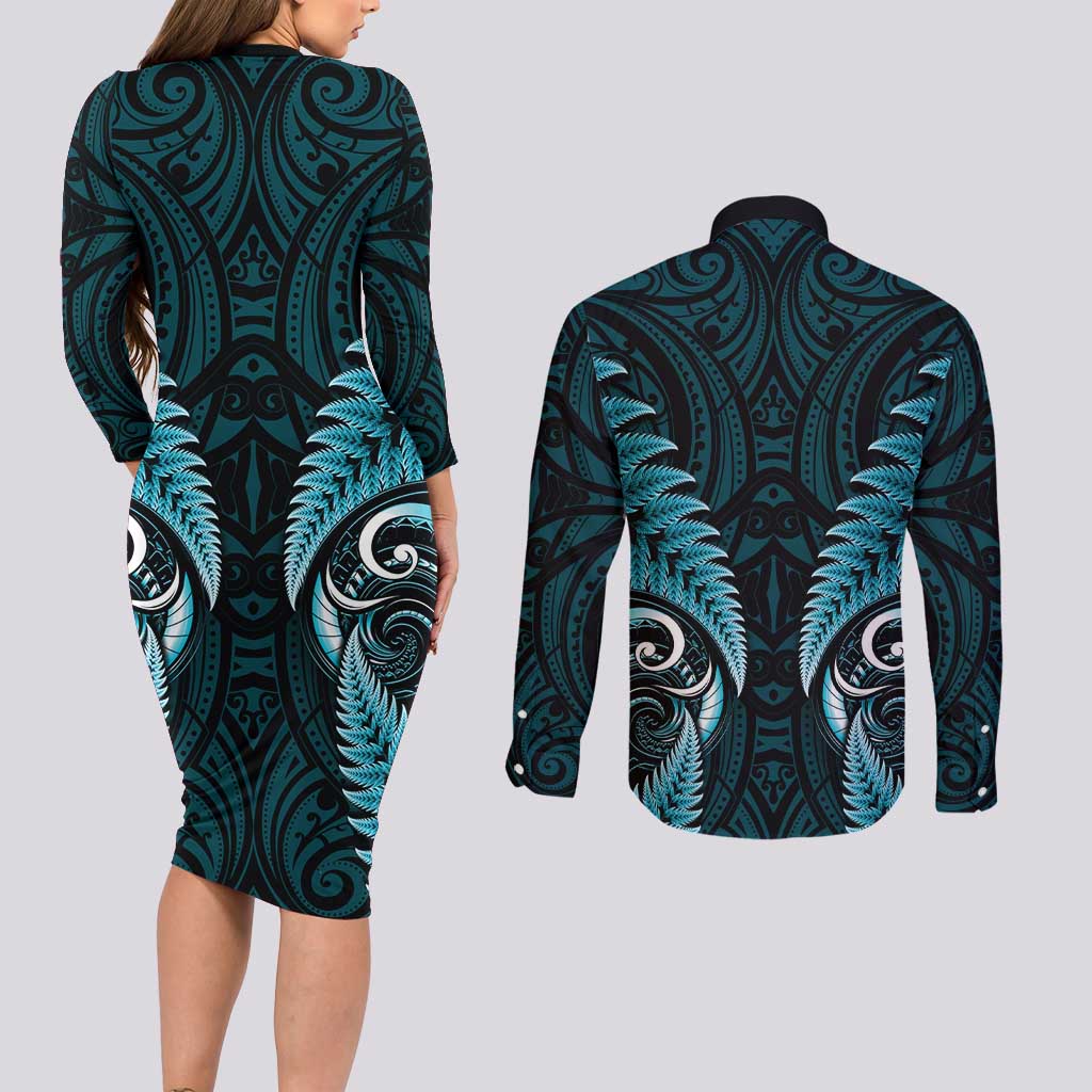 Aotearoa Pounamu Niho Couples Matching Long Sleeve Bodycon Dress and Long Sleeve Button Shirt Silver Fern Mix Maori Pattern - Turquoise LT14 - Polynesian Pride