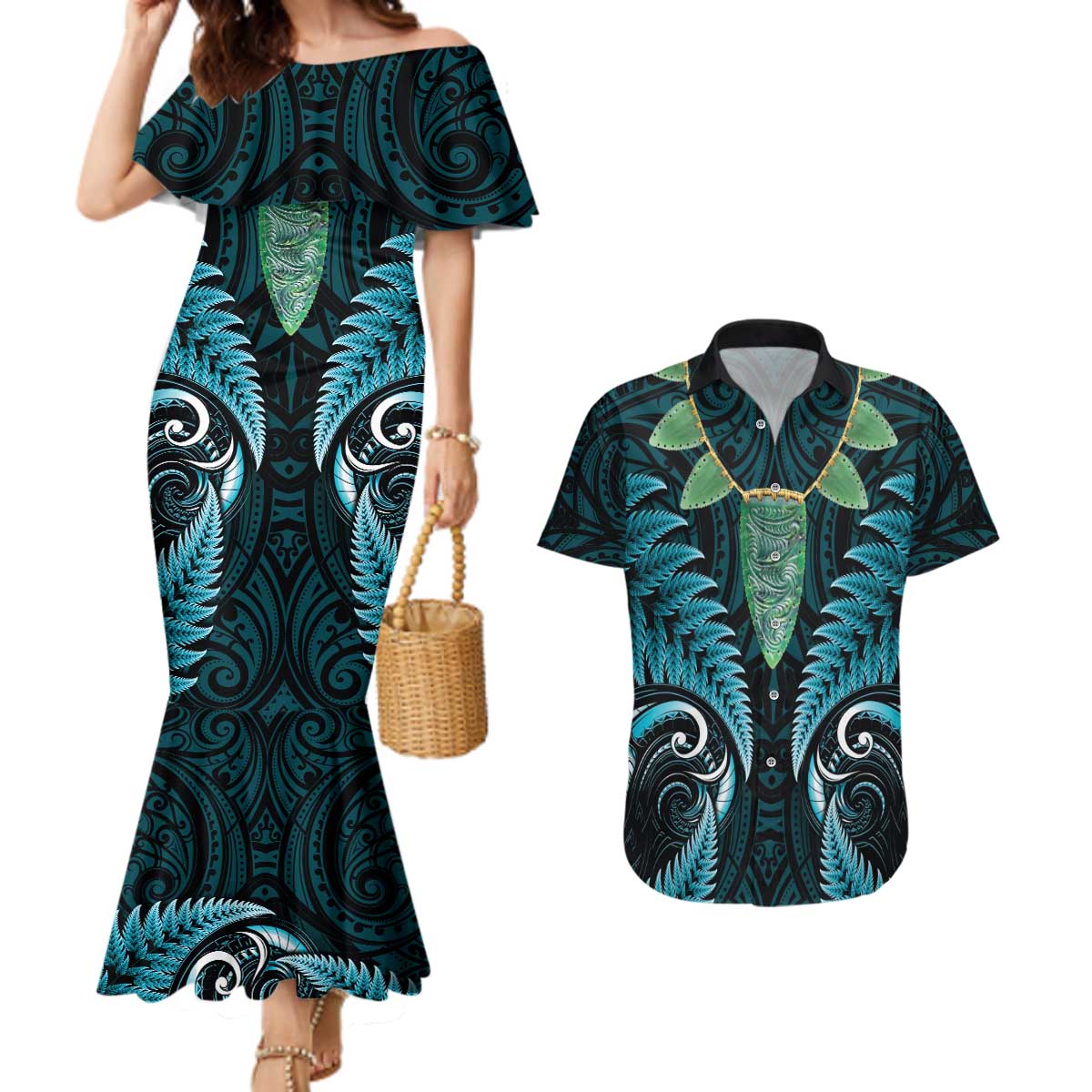 Aotearoa Pounamu Niho Couples Matching Mermaid Dress and Hawaiian Shirt Silver Fern Mix Maori Pattern - Turquoise