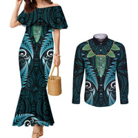 Aotearoa Pounamu Niho Couples Matching Mermaid Dress and Long Sleeve Button Shirt Silver Fern Mix Maori Pattern - Turquoise LT14 Turquoise - Polynesian Pride