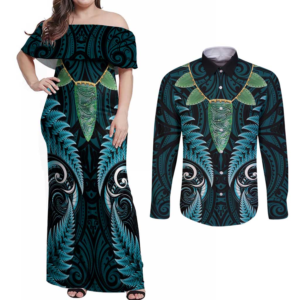 Aotearoa Pounamu Niho Couples Matching Off Shoulder Maxi Dress and Long Sleeve Button Shirt Silver Fern Mix Maori Pattern - Turquoise LT14 Turquoise - Polynesian Pride