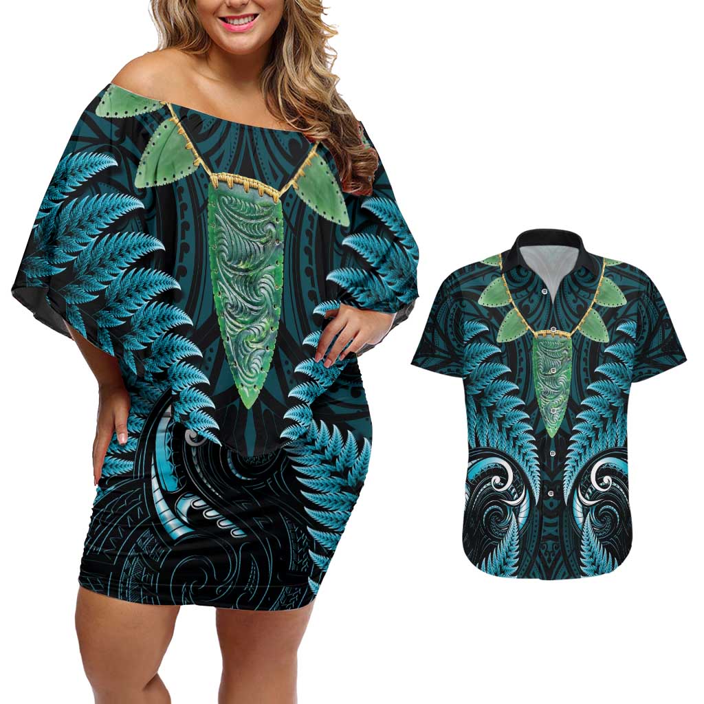 Aotearoa Pounamu Niho Couples Matching Off Shoulder Short Dress and Hawaiian Shirt Silver Fern Mix Maori Pattern - Turquoise LT14 Turquoise - Polynesian Pride
