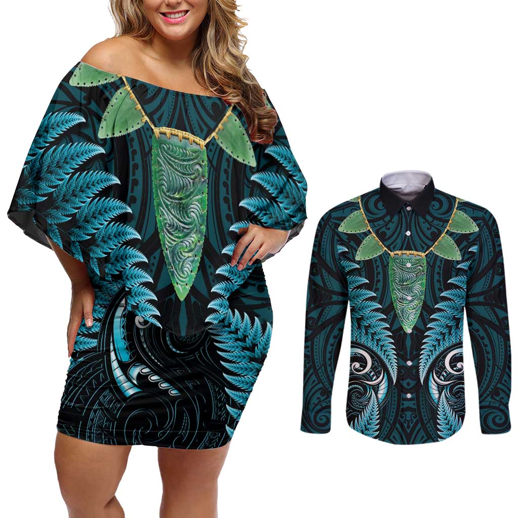 Aotearoa Pounamu Niho Couples Matching Off Shoulder Short Dress and Long Sleeve Button Shirt Silver Fern Mix Maori Pattern - Turquoise LT14 Turquoise - Polynesian Pride