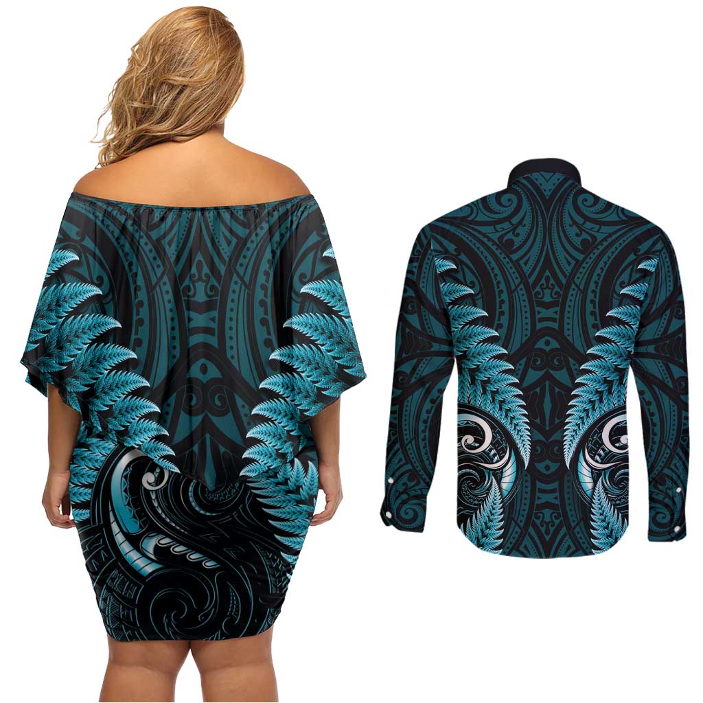 Aotearoa Pounamu Niho Couples Matching Off Shoulder Short Dress and Long Sleeve Button Shirt Silver Fern Mix Maori Pattern - Turquoise LT14 - Polynesian Pride