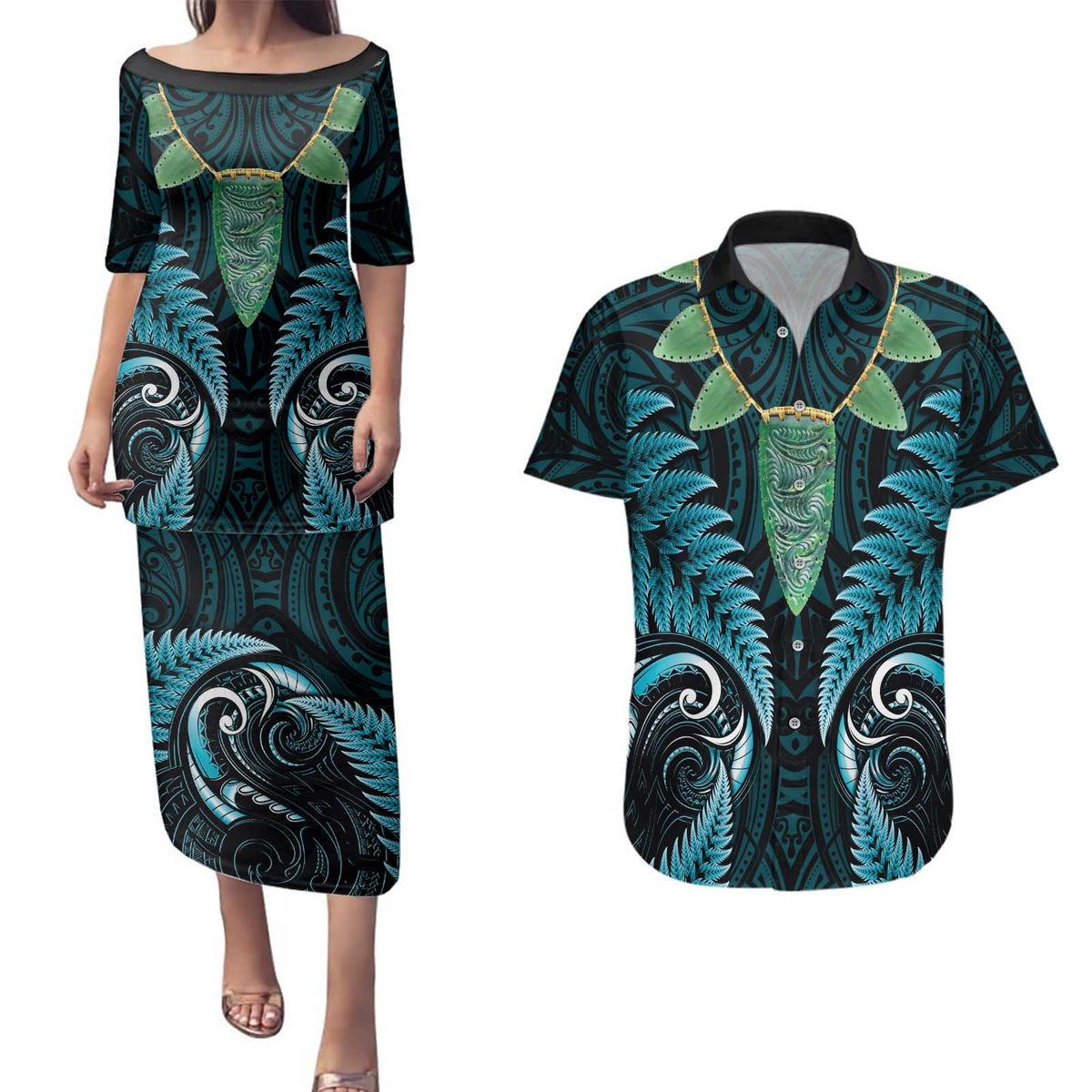 Aotearoa Pounamu Niho Couples Matching Puletasi and Hawaiian Shirt Silver Fern Mix Maori Pattern - Turquoise LT14 Turquoise - Polynesian Pride
