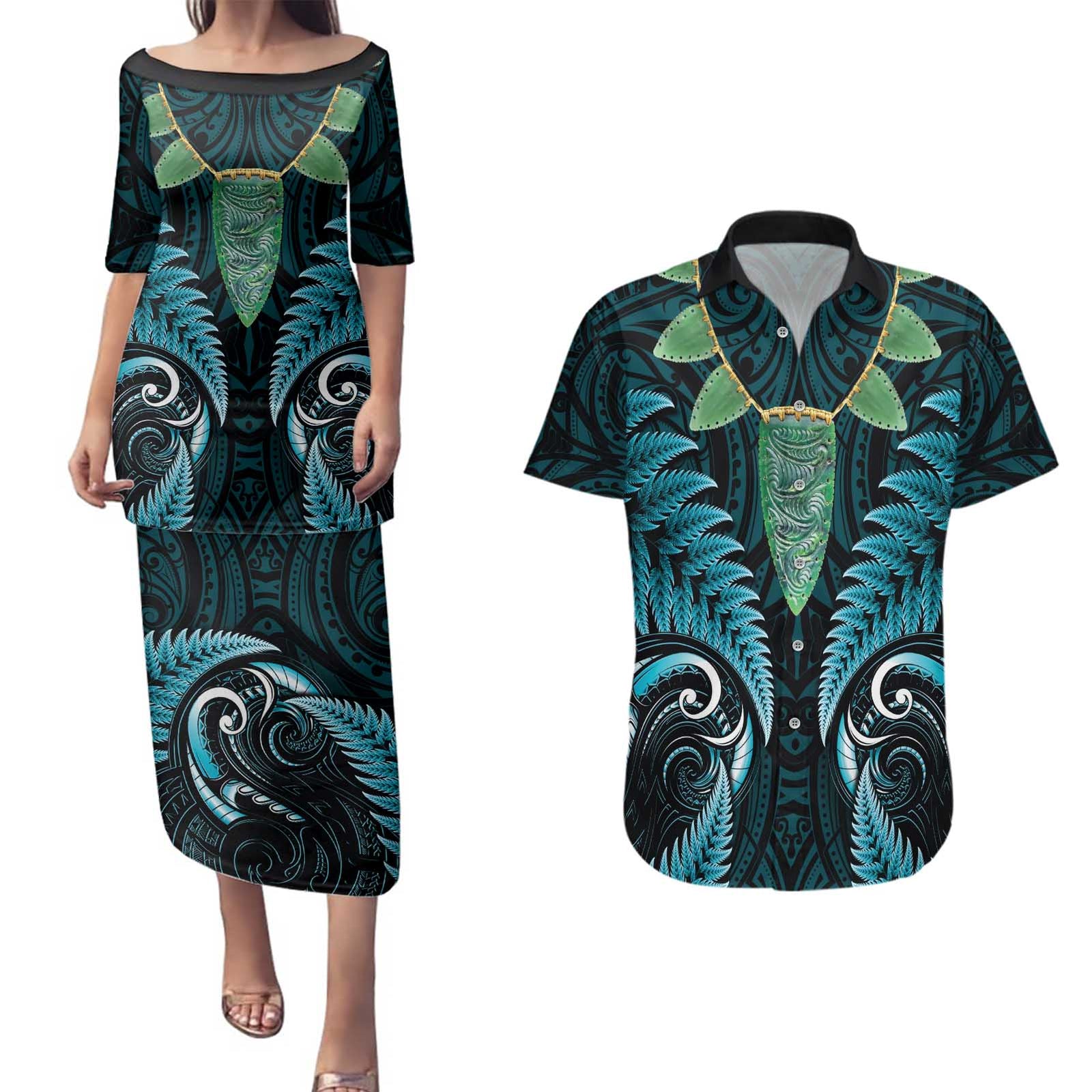 Aotearoa Pounamu Niho Couples Matching Puletasi and Hawaiian Shirt Silver Fern Mix Maori Pattern - Turquoise LT14 Turquoise - Polynesian Pride