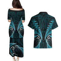Aotearoa Pounamu Niho Couples Matching Puletasi and Hawaiian Shirt Silver Fern Mix Maori Pattern - Turquoise LT14 - Polynesian Pride