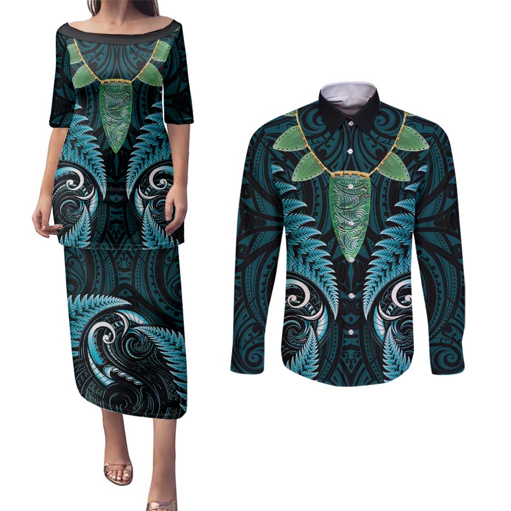 Aotearoa Pounamu Niho Couples Matching Puletasi and Long Sleeve Button Shirt Silver Fern Mix Maori Pattern - Turquoise LT14 Turquoise - Polynesian Pride