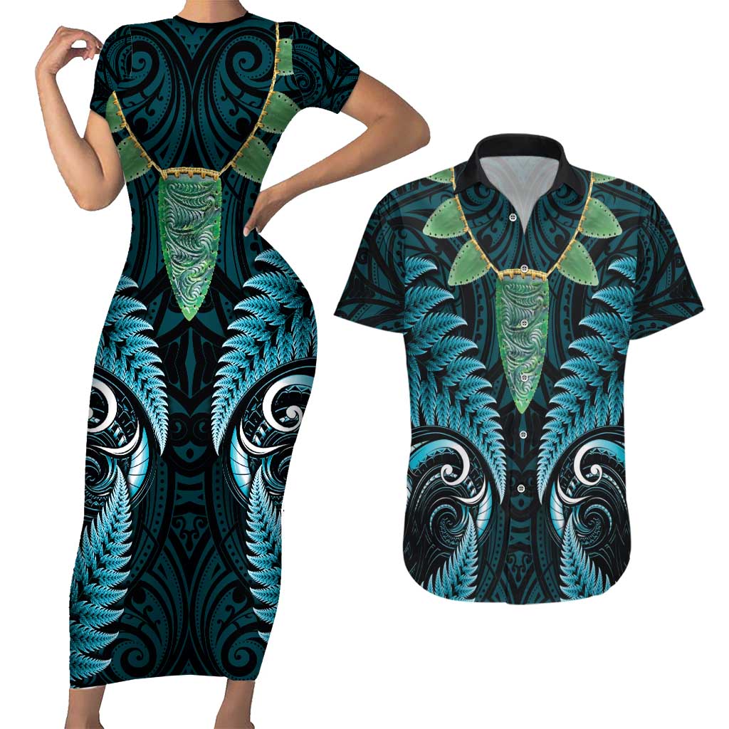 Aotearoa Pounamu Niho Couples Matching Short Sleeve Bodycon Dress and Hawaiian Shirt Silver Fern Mix Maori Pattern - Turquoise LT14 Turquoise - Polynesian Pride