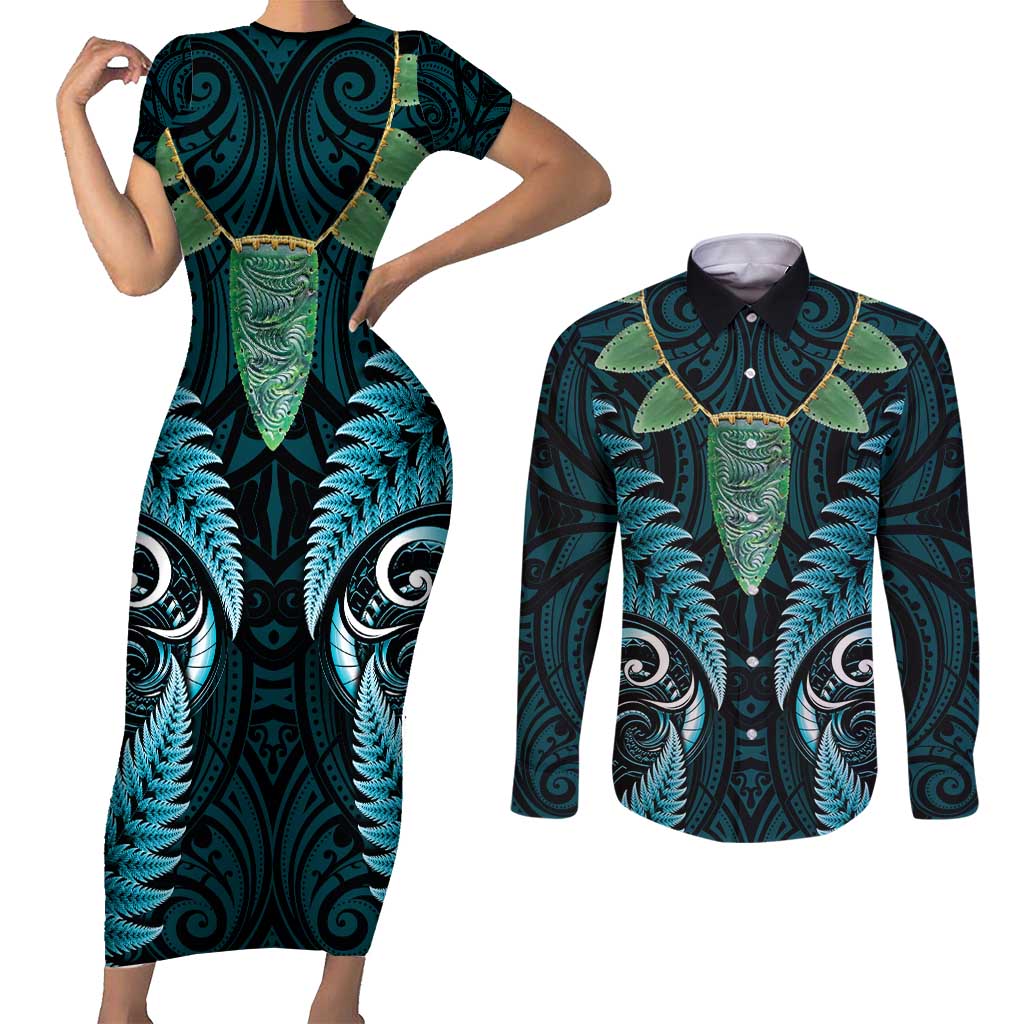 Aotearoa Pounamu Niho Couples Matching Short Sleeve Bodycon Dress and Long Sleeve Button Shirt Silver Fern Mix Maori Pattern - Turquoise LT14 Turquoise - Polynesian Pride