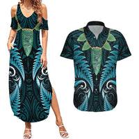 Aotearoa Pounamu Niho Couples Matching Summer Maxi Dress and Hawaiian Shirt Silver Fern Mix Maori Pattern - Turquoise LT14 Turquoise - Polynesian Pride